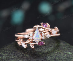 Unique kite cut white opal engagement ring twig leaf diamond amethyst wedding band enhancer anniversary ring women gift