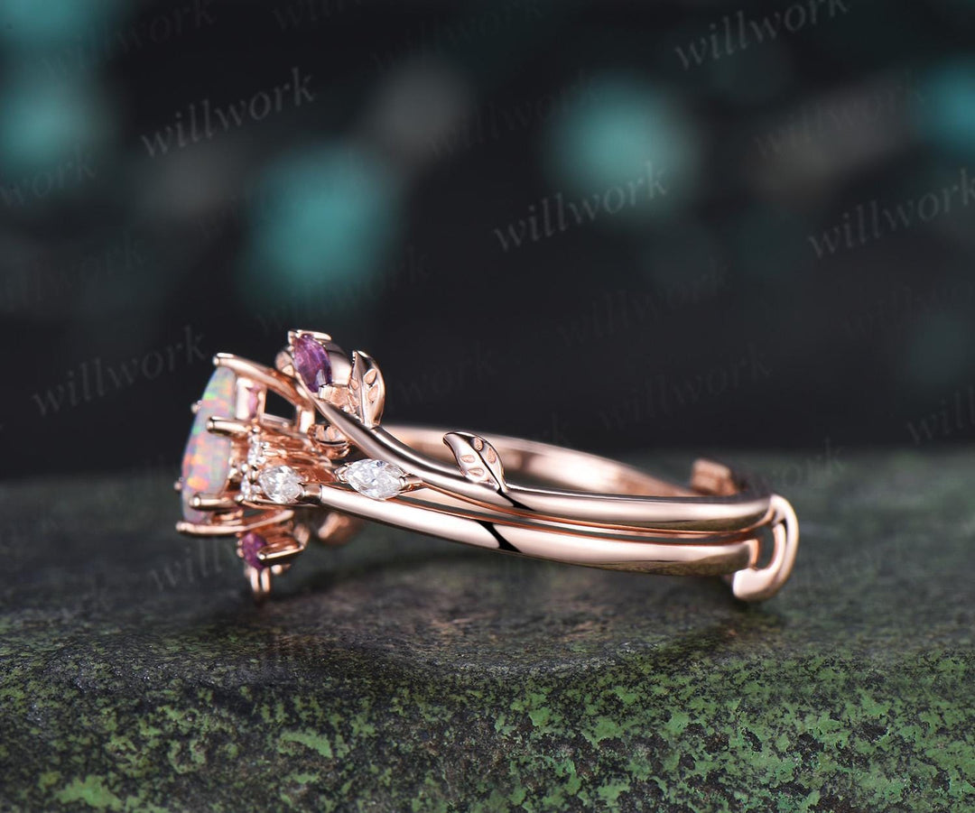 Unique kite cut white opal engagement ring twig leaf diamond amethyst wedding band enhancer anniversary ring women gift