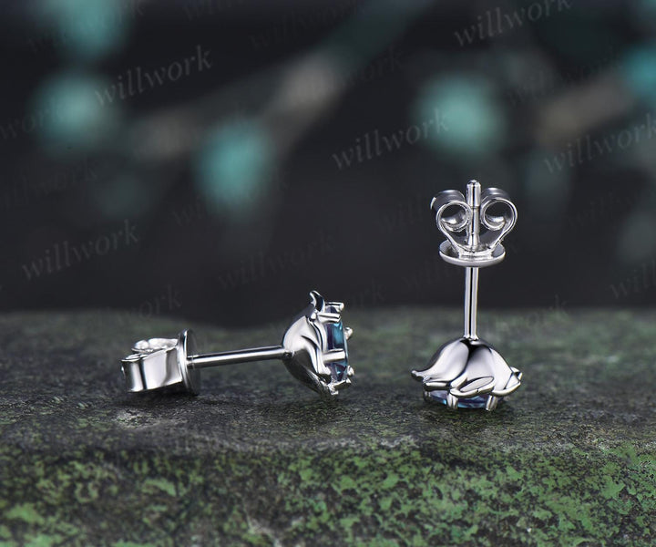 Round cut alexandrite floral earrings necklace set solid 9k 14k white gold butterfly opal unique pendant women anniversary gift jewelry