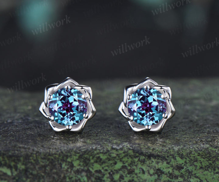 Round cut alexandrite floral earrings necklace set solid 9k 14k white gold butterfly opal unique pendant women anniversary gift jewelry