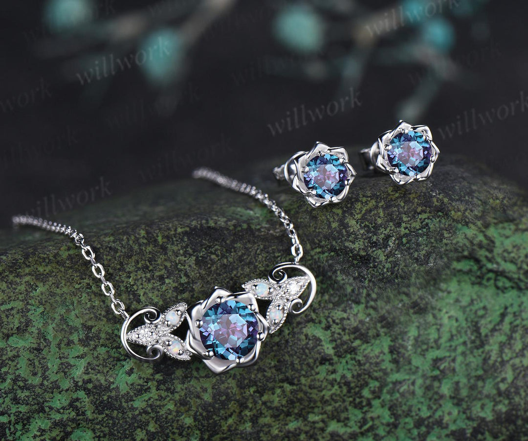 Round cut alexandrite floral earrings necklace set solid 9k 14k white gold butterfly opal unique pendant women anniversary gift jewelry