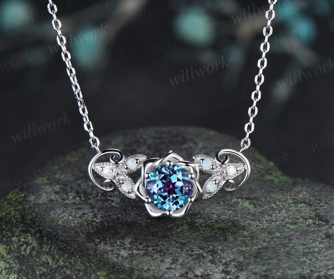 Round cut alexandrite floral earrings necklace set solid 9k 14k white gold butterfly opal unique pendant women anniversary gift jewelry