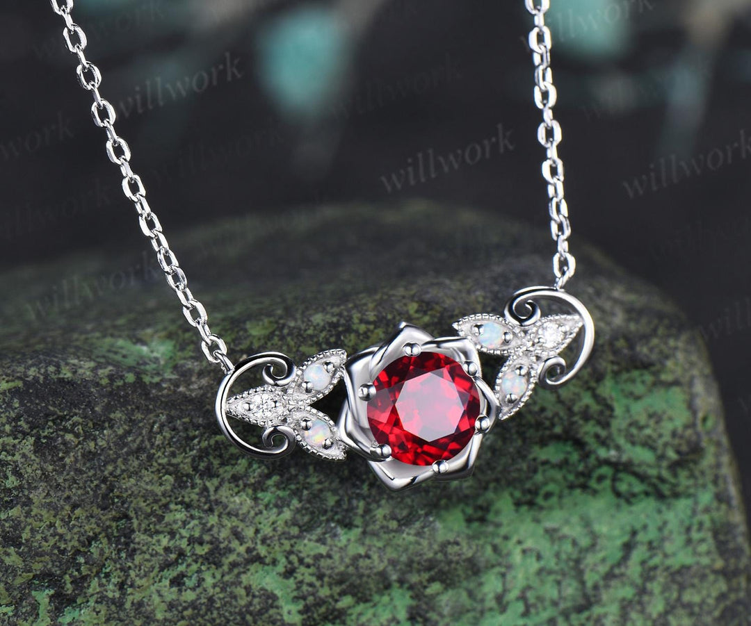 Round cut red ruby floral earrings necklace set solid 9k 14k white gold butterfly opal unique pendant women anniversary gift jewelry