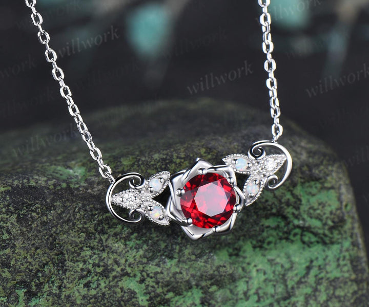 Round cut red ruby floral earrings necklace set solid 9k 14k white gold butterfly opal unique pendant women anniversary gift jewelry