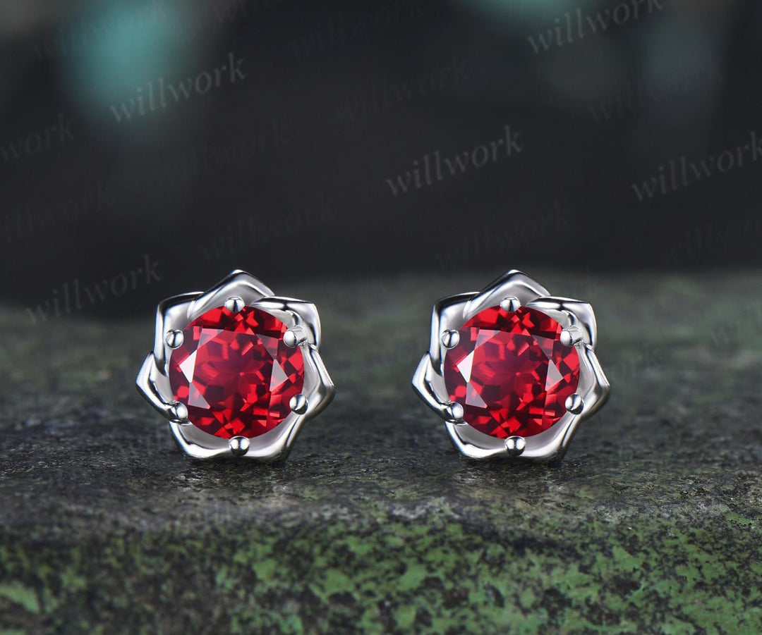 Round cut red ruby floral earrings necklace set solid 9k 14k white gold butterfly opal unique pendant women anniversary gift jewelry