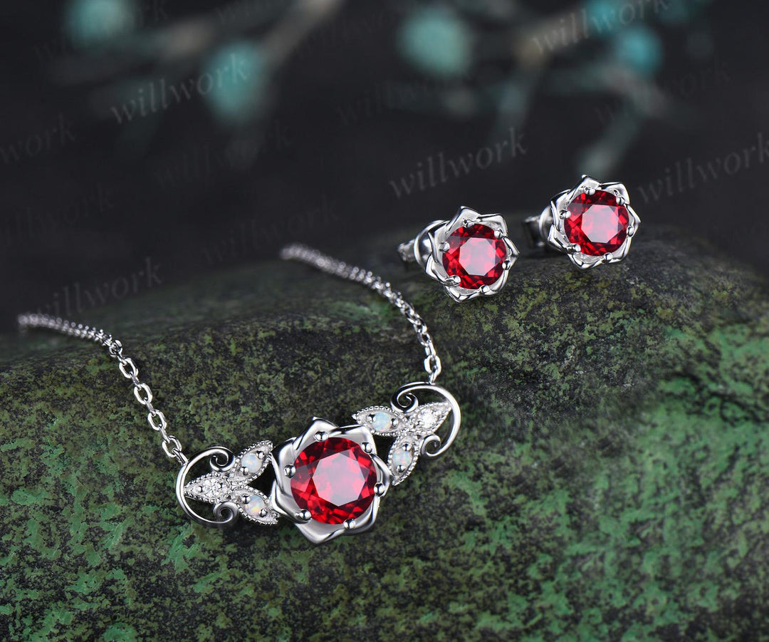 Round cut red ruby floral earrings necklace set solid 9k 14k white gold butterfly opal unique pendant women anniversary gift jewelry