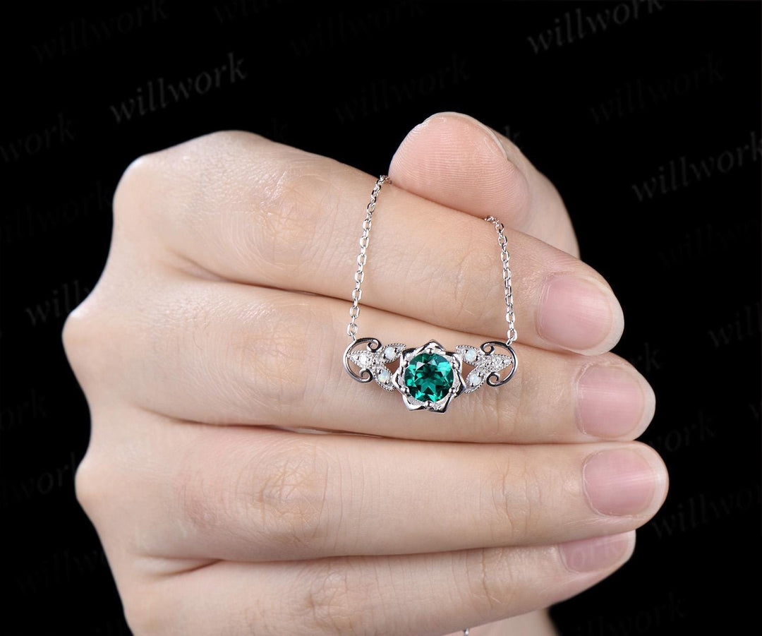 Round cut emerald floral earrings necklace set solid 9k 14k white gold butterfly opal unique pendant women anniversary gift jewelry