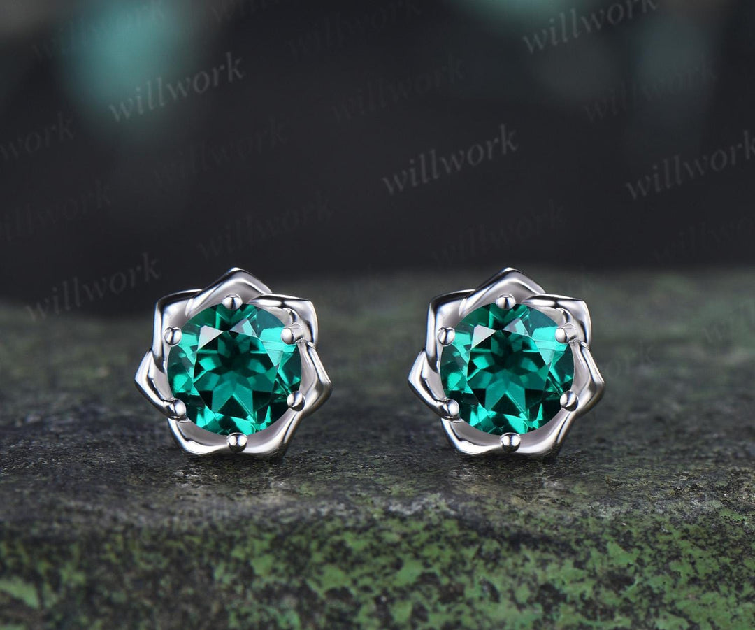 Round cut emerald floral earrings necklace set solid 9k 14k white gold butterfly opal unique pendant women anniversary gift jewelry