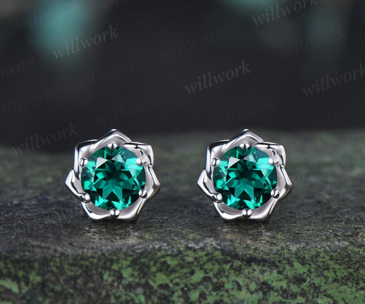 Round cut emerald floral earrings necklace set solid 9k 14k white gold butterfly opal unique pendant women anniversary gift jewelry