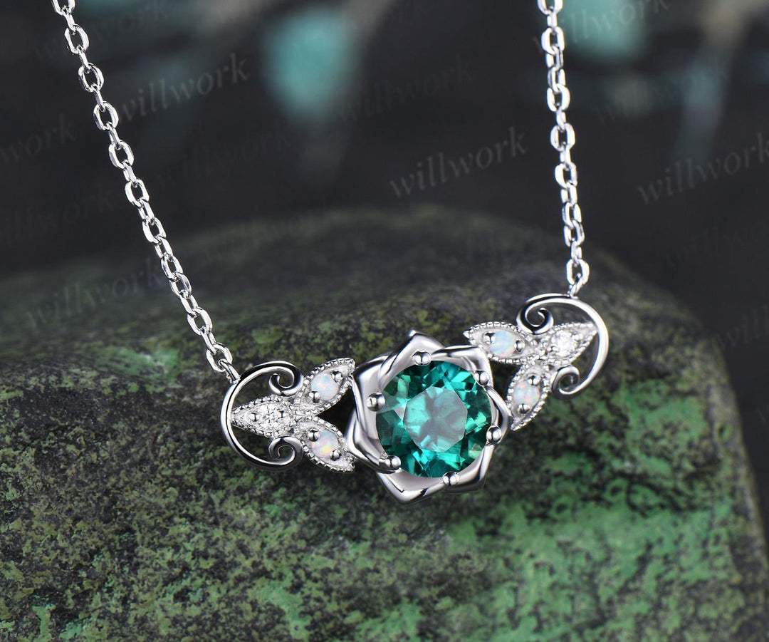Round cut emerald floral earrings necklace set solid 9k 14k white gold butterfly opal unique pendant women anniversary gift jewelry