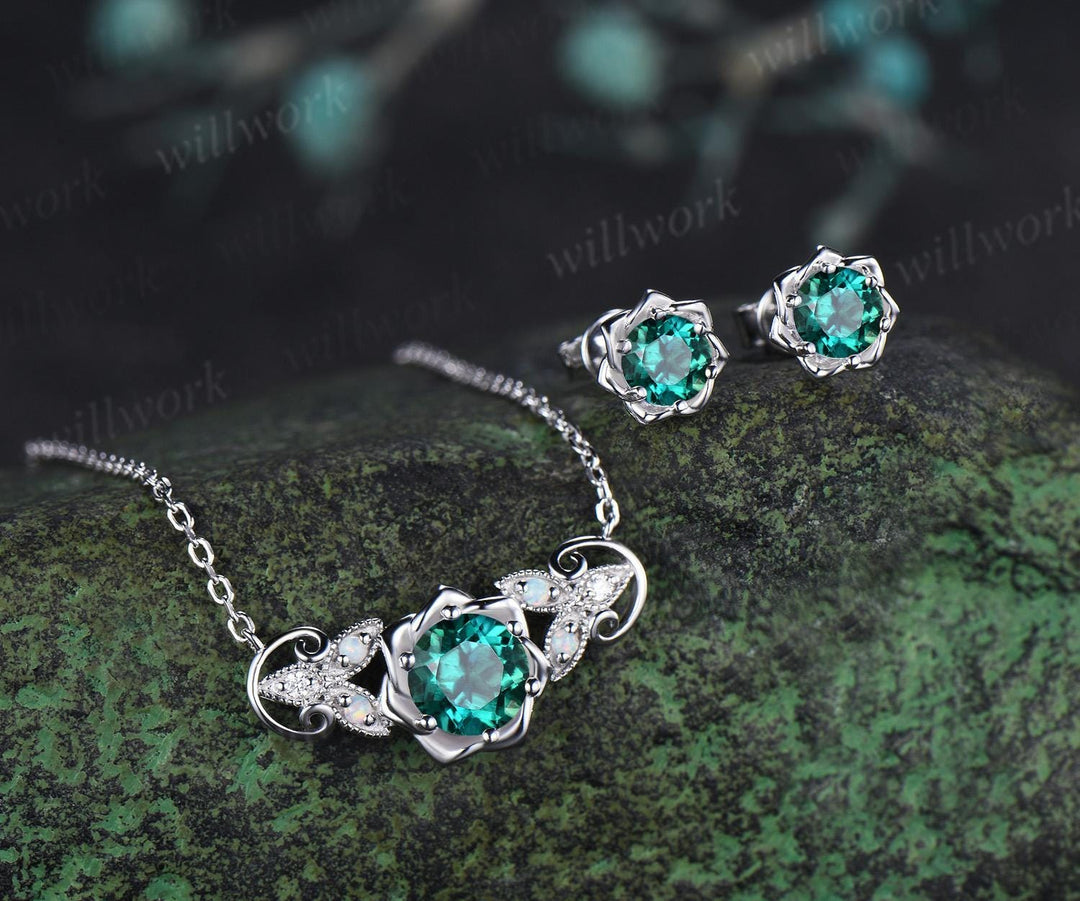 Round cut emerald floral earrings necklace set solid 9k 14k white gold butterfly opal unique pendant women anniversary gift jewelry