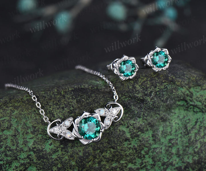 Round cut emerald floral earrings necklace set solid 9k 14k white gold butterfly opal unique pendant women anniversary gift jewelry