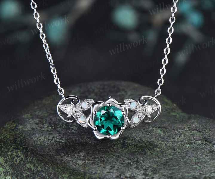 Round cut emerald floral earrings necklace set solid 9k 14k white gold butterfly opal unique pendant women anniversary gift jewelry