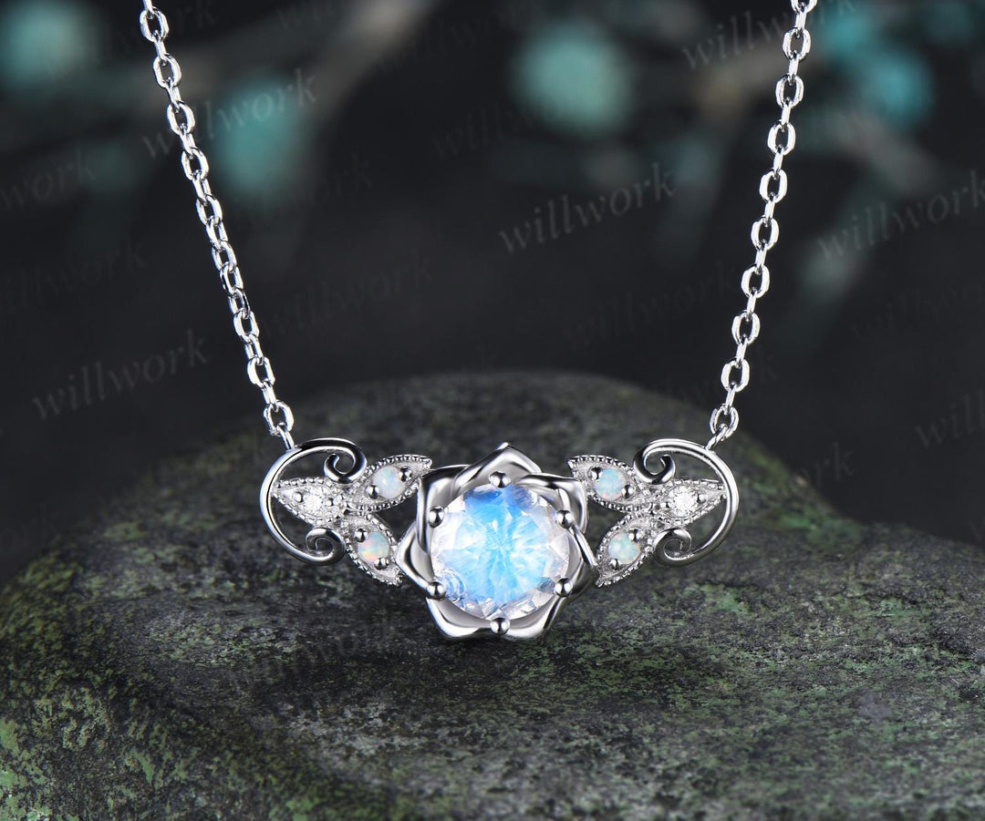 Round cut moonstone floral earrings necklace set solid 9k 14k white gold butterfly opal unique pendant women anniversary gift jewelry