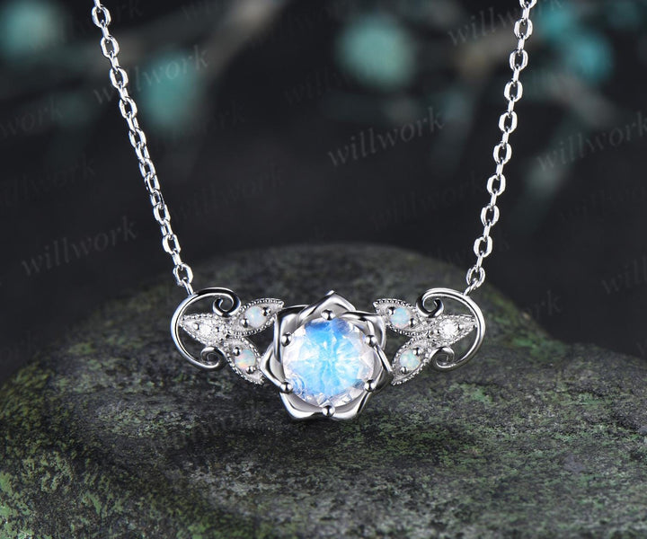 Round cut moonstone floral earrings necklace set solid 9k 14k white gold butterfly opal unique pendant women anniversary gift jewelry