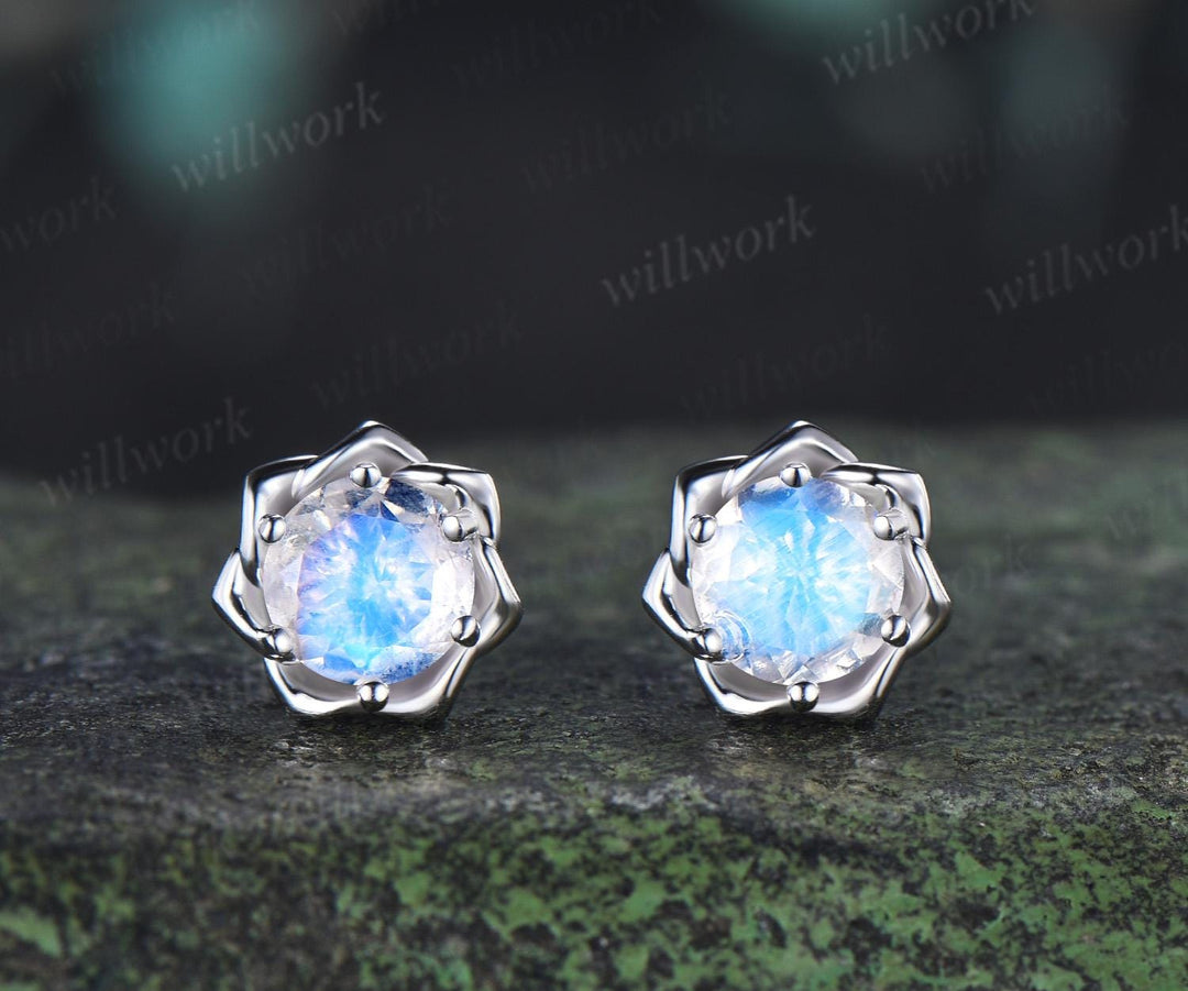 Round cut moonstone floral earrings necklace set solid 9k 14k white gold butterfly opal unique pendant women anniversary gift jewelry