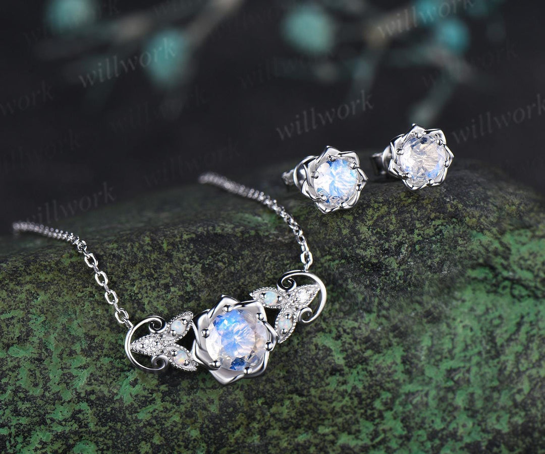 Round cut moonstone floral earrings necklace set solid 9k 14k white gold butterfly opal unique pendant women anniversary gift jewelry
