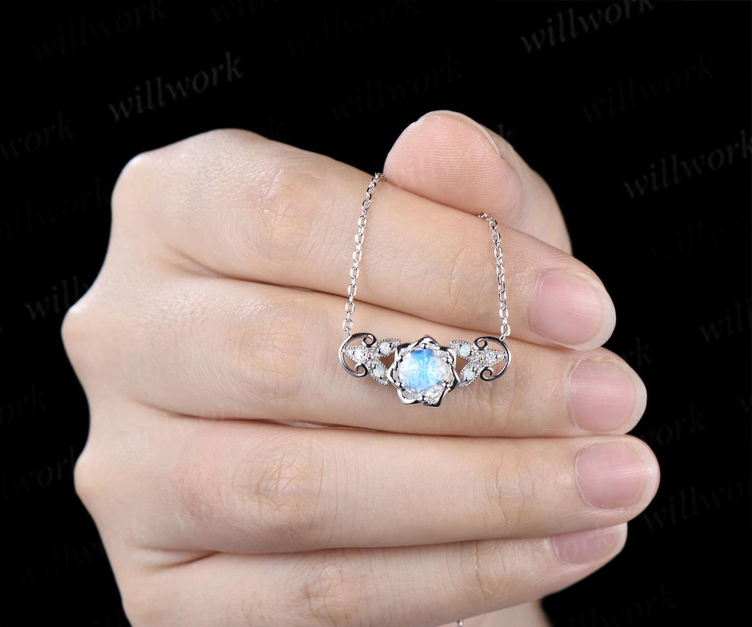 Round cut moonstone floral earrings necklace set solid 9k 14k white gold butterfly opal unique pendant women anniversary gift jewelry