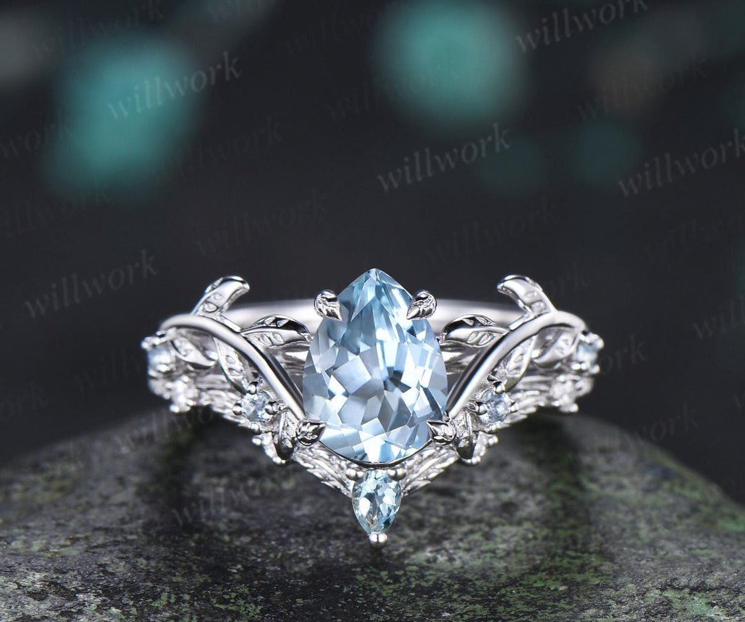 Teardrop pear aquamarine ring vintage white gold leaf nature inspired engagement ring set art deco bridal set women jewelry silver