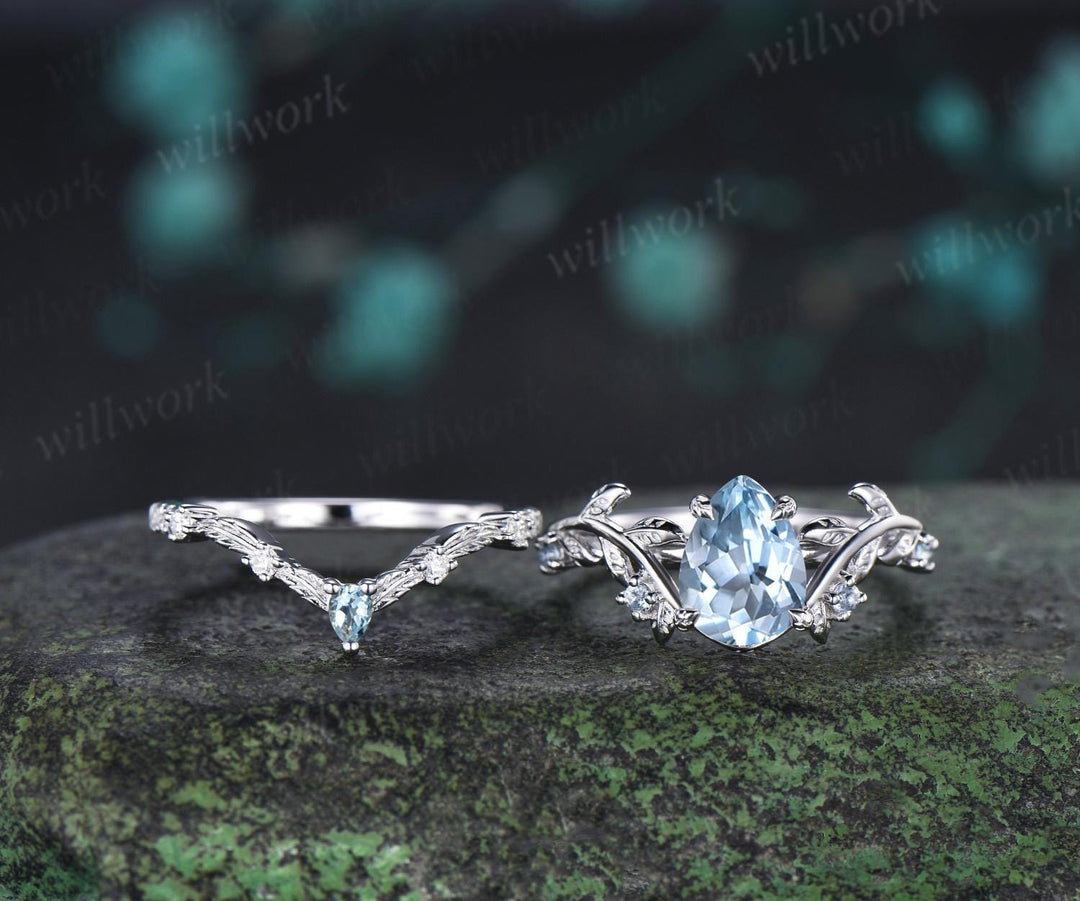 Teardrop pear aquamarine ring vintage white gold leaf nature inspired engagement ring set art deco bridal set women jewelry silver