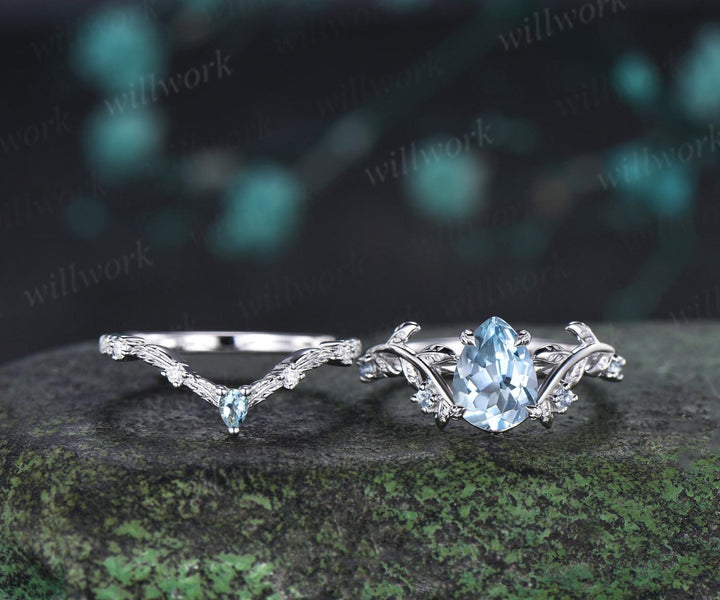 Teardrop pear aquamarine ring vintage white gold leaf nature inspired engagement ring set art deco bridal set women jewelry silver