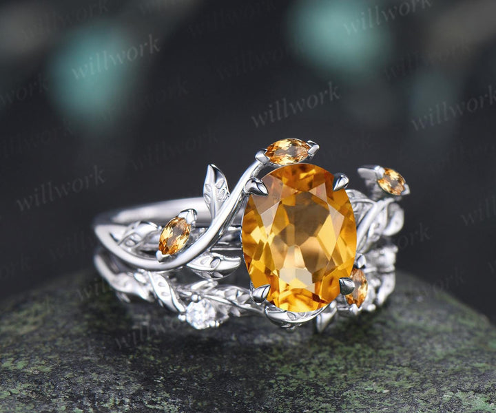 2ct oval cut yellow citrine engagement ring 14k white gold nature inspired leaf stacking wedding bridal ring set women crystal ring silver
