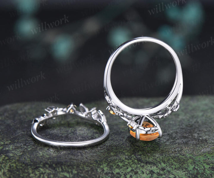 2ct oval cut yellow citrine engagement ring 14k white gold nature inspired leaf stacking wedding bridal ring set women crystal ring silver