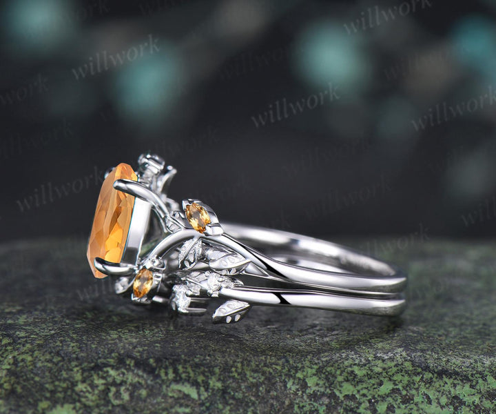 2ct oval cut yellow citrine engagement ring 14k white gold nature inspired leaf stacking wedding bridal ring set women crystal ring silver