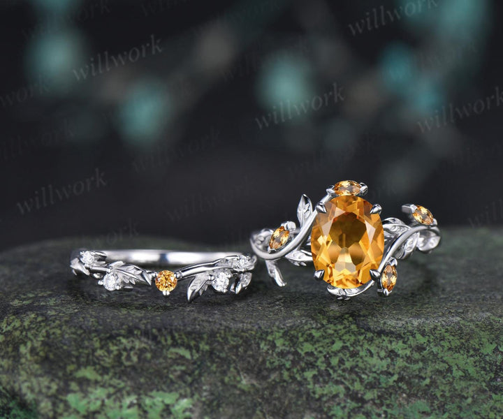2ct oval cut yellow citrine engagement ring 14k white gold nature inspired leaf stacking wedding bridal ring set women crystal ring silver
