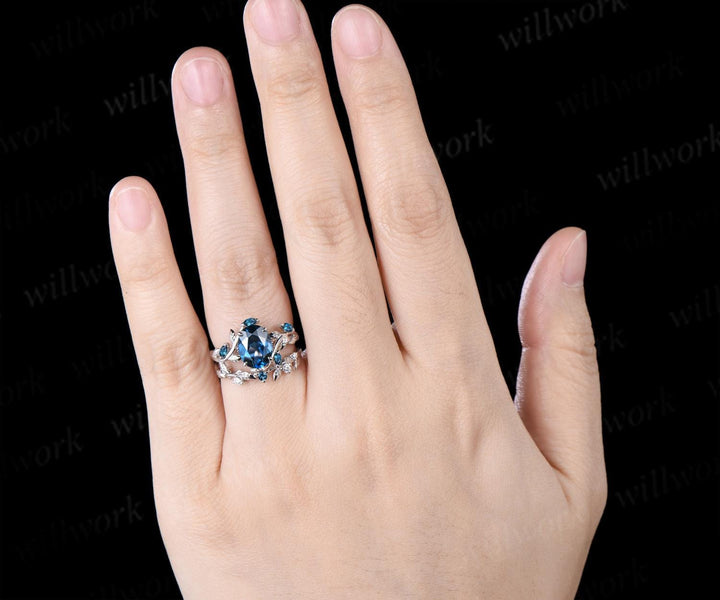2ct oval cut London blue topaz engagement ring 14k white gold nature inspired leaf stacking wedding bridal ring set women silver