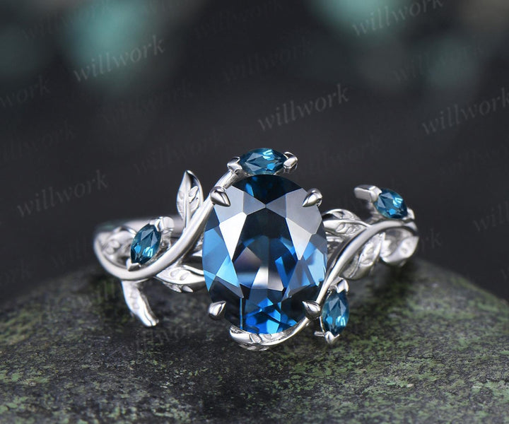 2ct oval cut London blue topaz engagement ring 14k white gold nature inspired leaf stacking wedding bridal ring set women silver