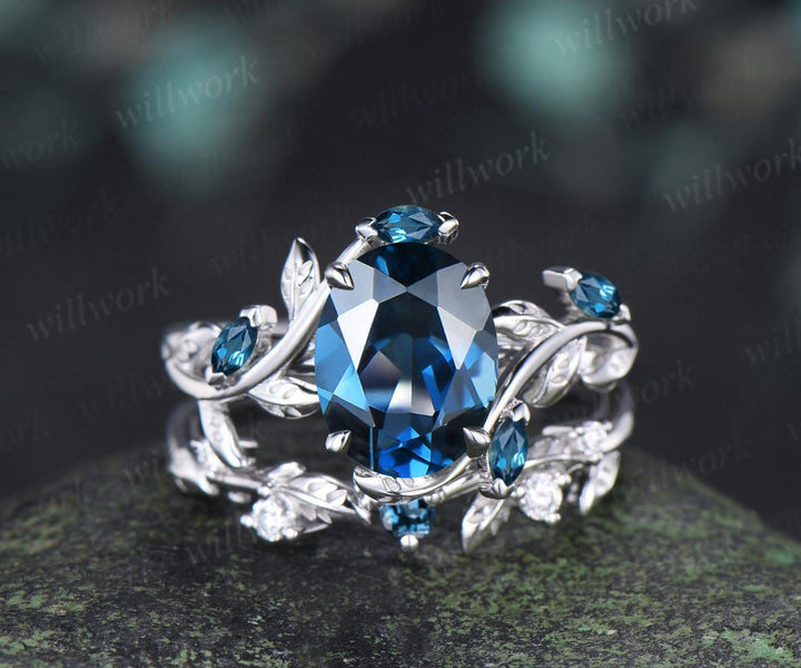 2ct oval cut London blue topaz engagement ring 14k white gold nature inspired leaf stacking wedding bridal ring set women silver