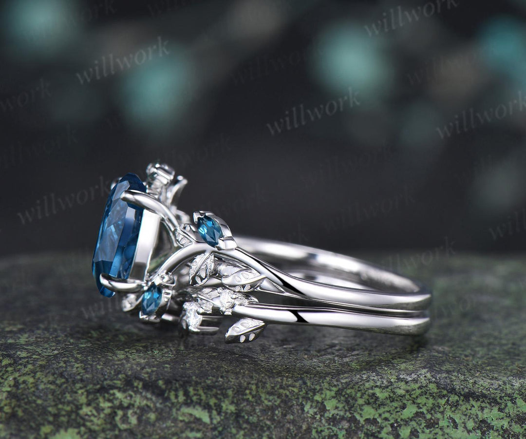 2ct oval cut London blue topaz engagement ring 14k white gold nature inspired leaf stacking wedding bridal ring set women silver