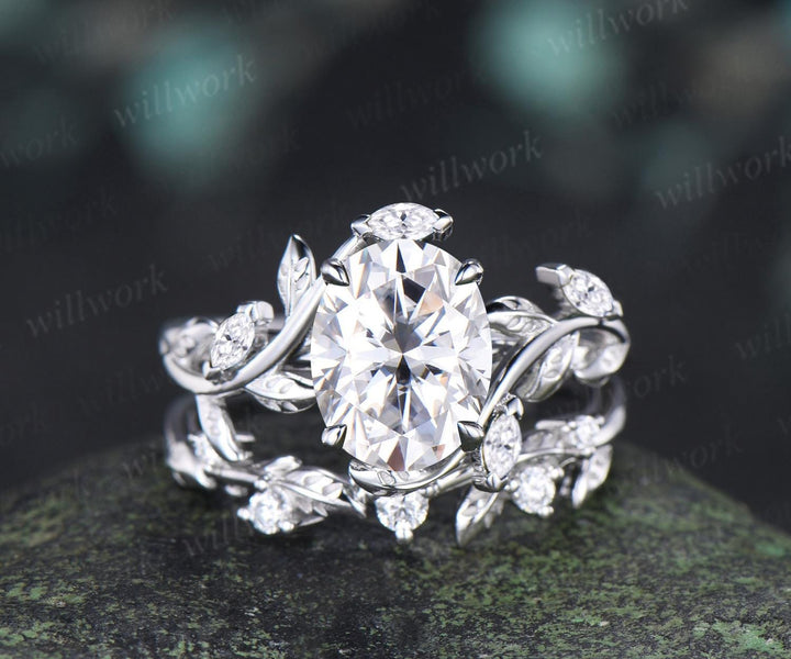 2ct oval cut moissanite engagement ring 14k white gold leaf nature inspired unique cluster diamond bridal wedding ring set women jewelry
