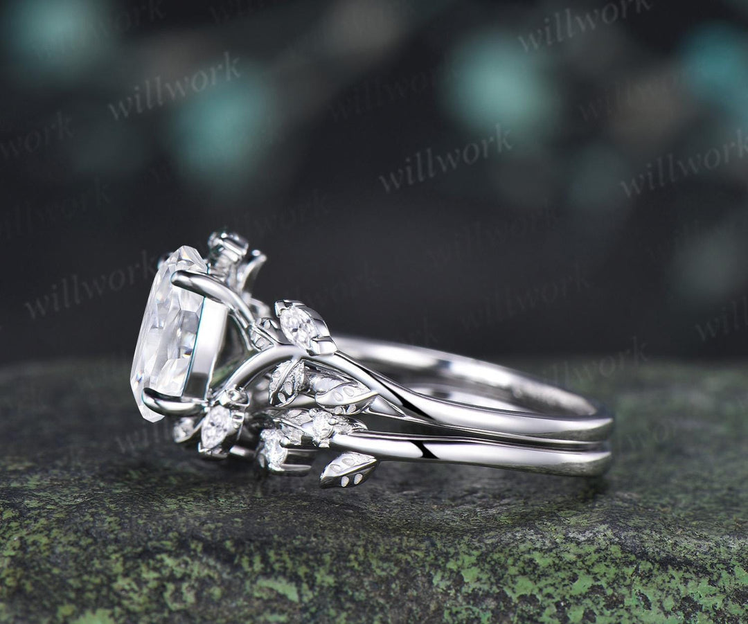 2ct oval cut moissanite engagement ring 14k white gold leaf nature inspired unique cluster diamond bridal wedding ring set women jewelry