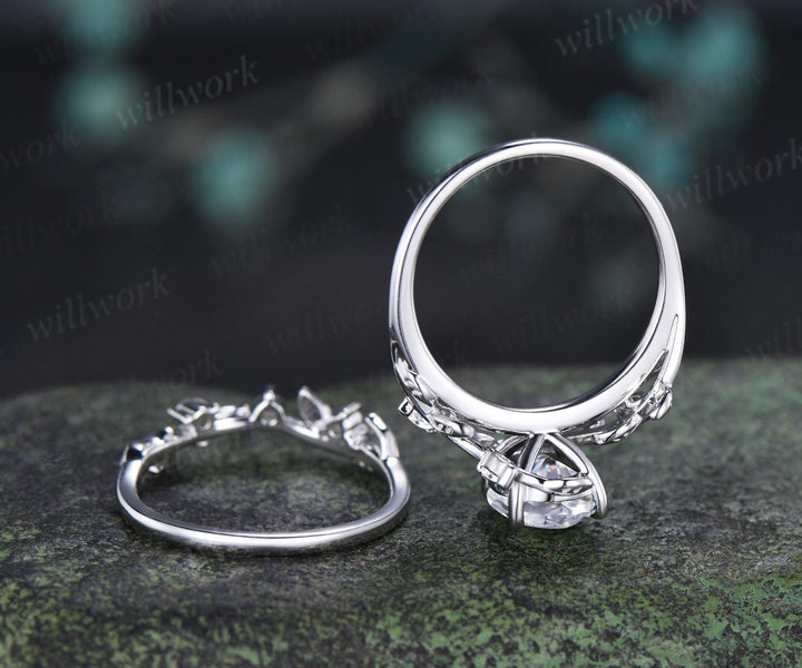 2ct oval cut moissanite engagement ring 14k white gold leaf nature inspired unique cluster diamond bridal wedding ring set women jewelry