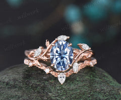Oval cut blue moissanite engagement ring 14k rose gold leaf nature inspired women unique cluster diamond bridal wedding ring set jewelry