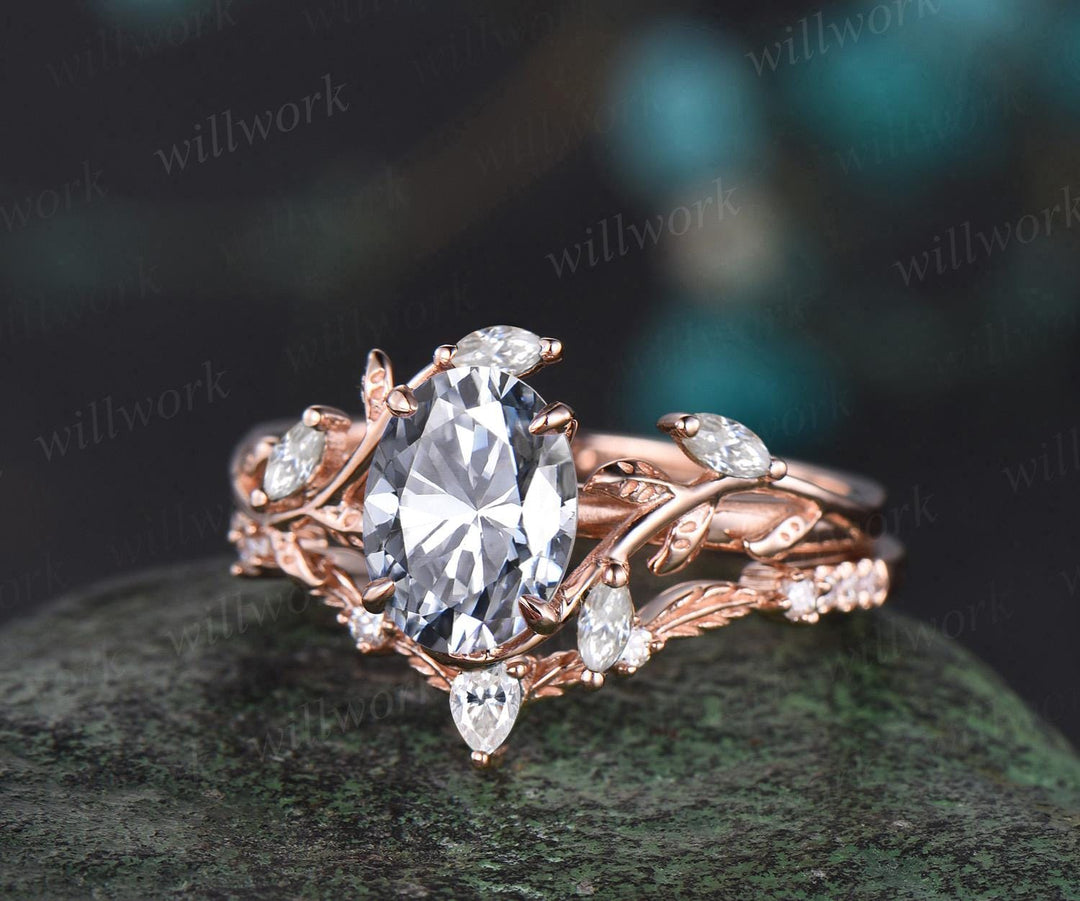 Oval cut gray moissanite engagement ring 14k rose gold leaf nature inspired women unique cluster diamond bridal wedding ring set jewelry