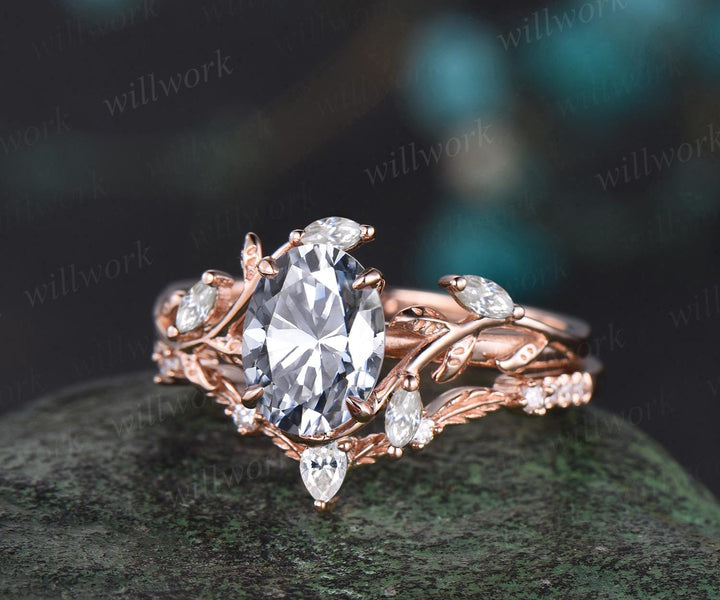 Oval cut gray moissanite engagement ring 14k rose gold leaf nature inspired women unique cluster diamond bridal wedding ring set jewelry