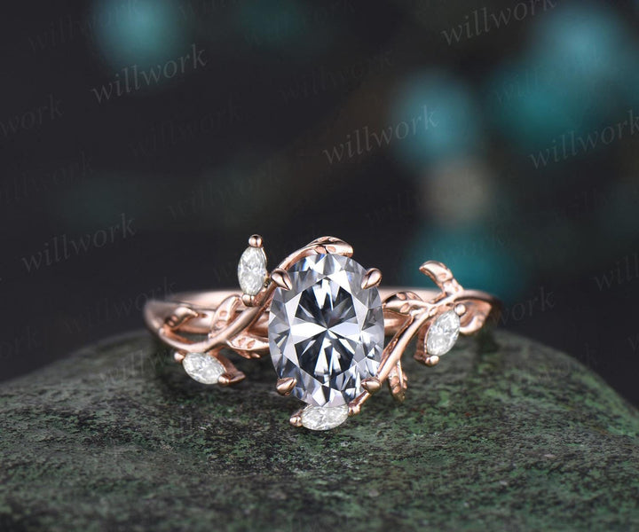 Oval cut gray moissanite engagement ring 14k rose gold leaf nature inspired women unique cluster diamond bridal wedding ring set jewelry