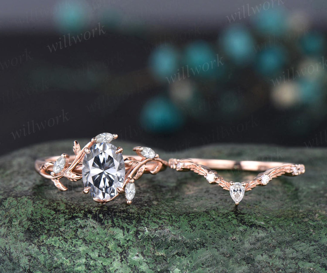 Oval cut gray moissanite engagement ring 14k rose gold leaf nature inspired women unique cluster diamond bridal wedding ring set jewelry