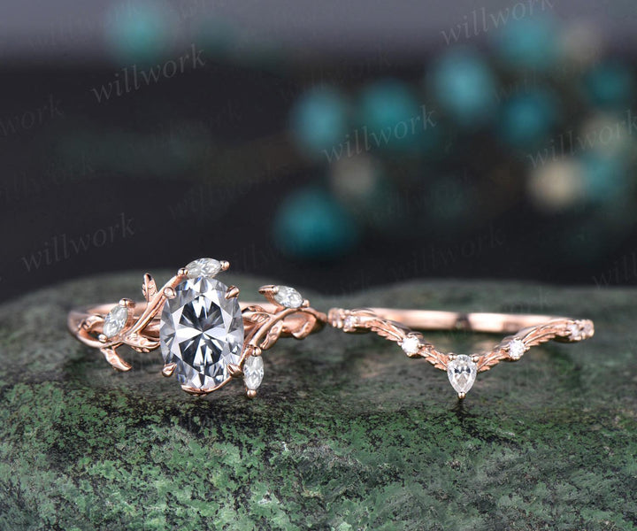 Oval cut gray moissanite engagement ring 14k rose gold leaf nature inspired women unique cluster diamond bridal wedding ring set jewelry