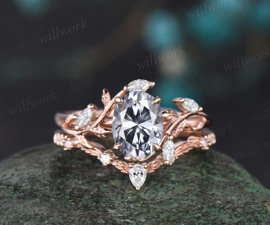 Oval cut gray moissanite engagement ring 14k rose gold leaf nature inspired women unique cluster diamond bridal wedding ring set jewelry