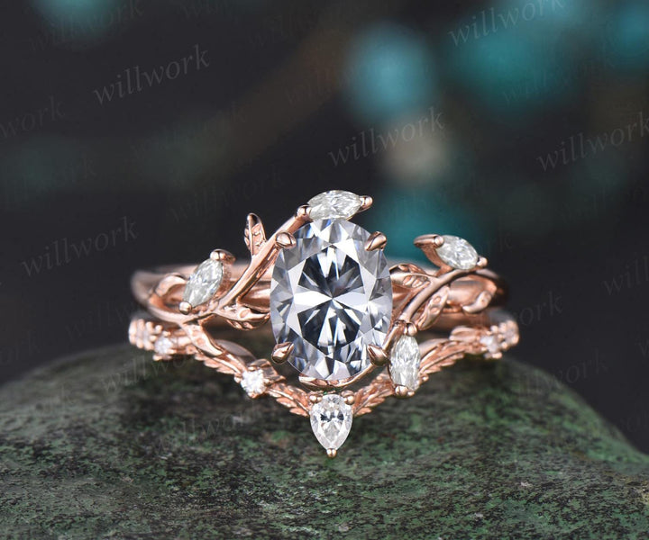 Oval cut gray moissanite engagement ring 14k rose gold leaf nature inspired women unique cluster diamond bridal wedding ring set jewelry