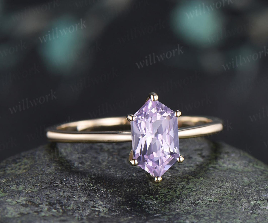 Long hexagon cut Lavender sapphire engagement ring 14k yellow gold 6 prong minimalist solitaire promise wedding ring women gift silver