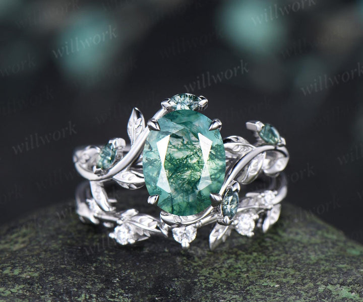 2ct oval cut moss agate ring vintage white gold leaf nature inspired wedding engagement ring set women handmade jewelry