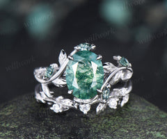 2ct oval cut moss agate ring vintage white gold leaf nature inspired wedding engagement ring set women handmade jewelry