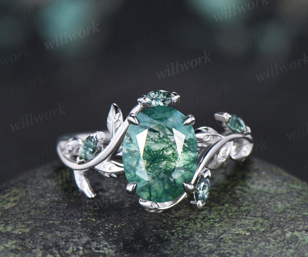 2ct oval cut moss agate ring vintage white gold leaf nature inspired wedding engagement ring set women handmade jewelry