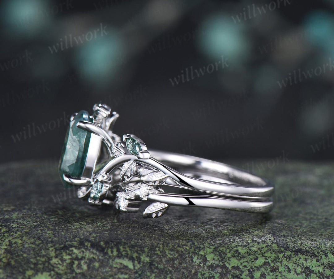 2ct oval cut moss agate ring vintage white gold leaf nature inspired wedding engagement ring set women handmade jewelry