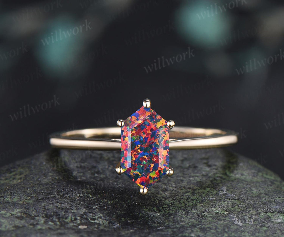 Long hexagon black opal engagement ring 14k yellow gold 6 prong minimalist solitaire promise wedding ring women gift silver